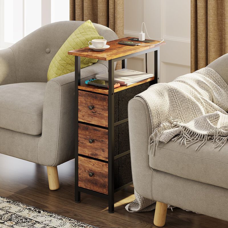 TRIFEBLE End Table with Charging Station, Narrow Side Table with 3 Fabric Drawers, Skinny Nightstand with LED Light, Slim Bedsid