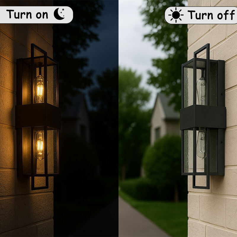 Modern Outdoor Wall Light with Dusk to Dawn Sensor H26'' Black Exterior Wall Lantern with Seeded Glass 2-Light Waterproof image number 6