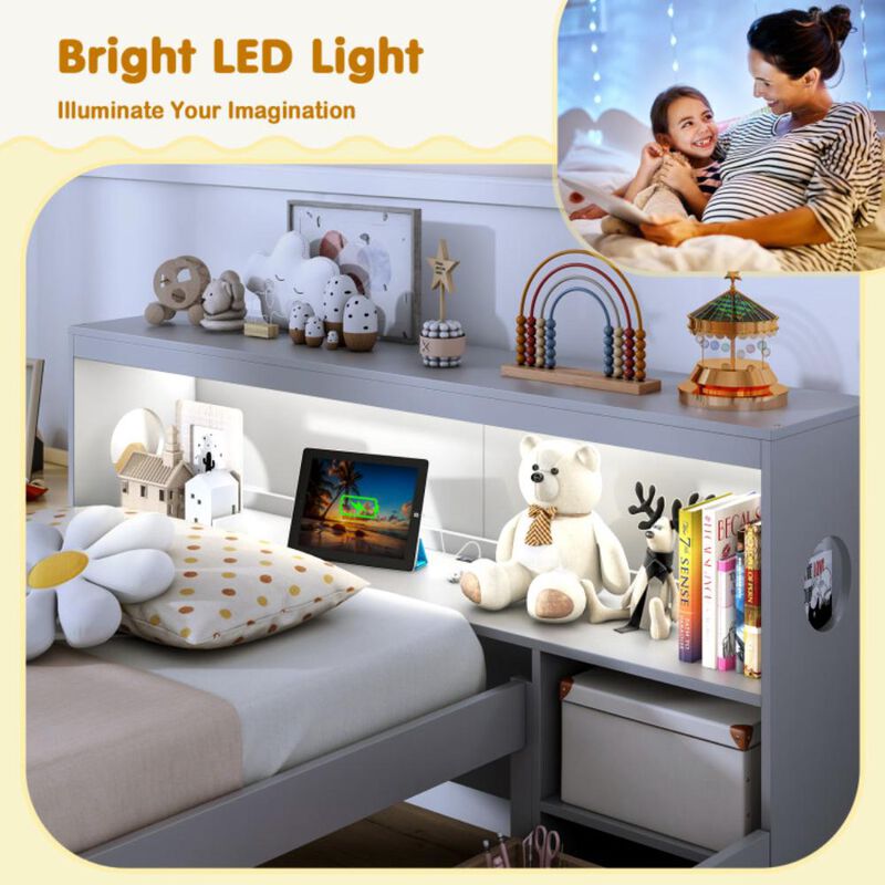 Hivvago Twin Size Bed Frame with LED Light and Bookcase Headboard