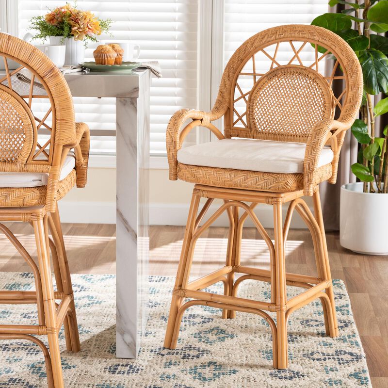 bali & pari Adam Natural Rattan Counter Stool with Cushion - Handwoven Wicker Swivel Bar Chair for Kitchen Island or Lounge Area