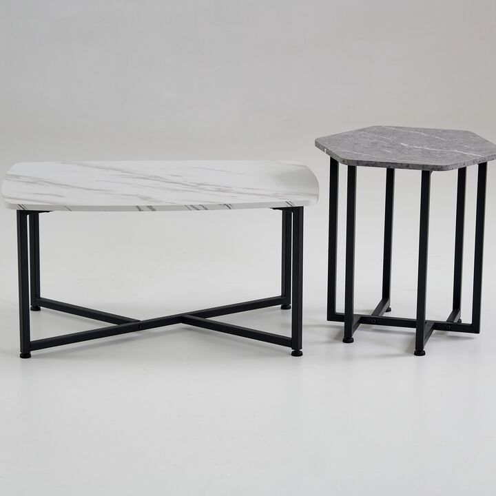 Shy Coffee and End Table Set of 2, White Geometric Top, Gray, Black Steel - Benzara