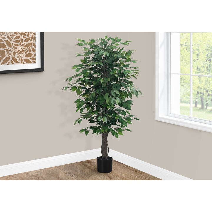 Monarch Specialties I 9564 - Artificial Plant, 58" Tall, Ficus Tree, Indoor, Faux, Fake, Floor, Greenery, Potted, Decorative, Green Leaves, Black Pot