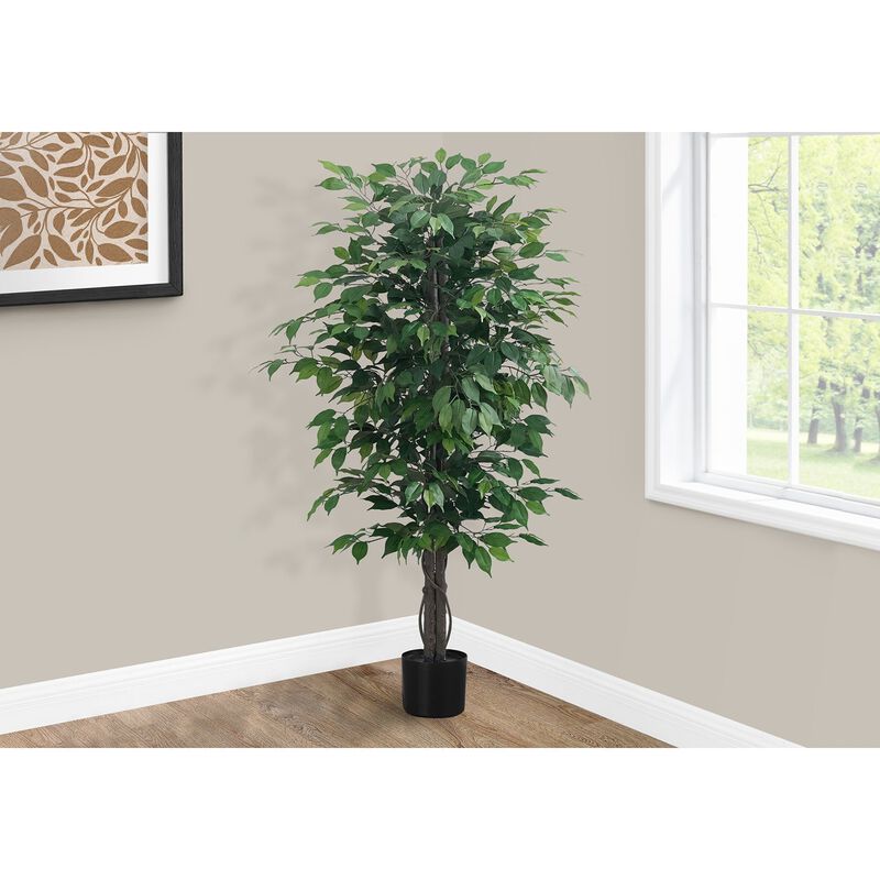 Monarch Specialties I 9564 - Artificial Plant, 58" Tall, Ficus Tree, Indoor, Faux, Fake, Floor, Greenery, Potted, Decorative, Green Leaves, Black Pot image number 1