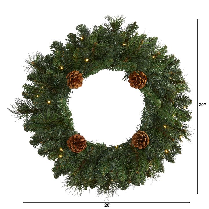 HomPlanti 20" Pine Artificial Christmas Wreath with 35 LED Lights and Pinecones