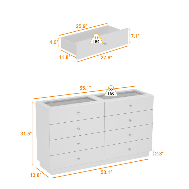 FUFU&GAGA Vanity Dresser with Glass-Top Display, 8 Drawers, LED Light, Adjustable Dividers, MDF (55.1" W x 13.8" D x 31.5" H), White