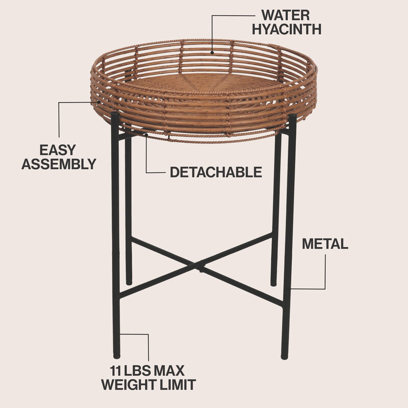 Malia Coastal Bohemian Faux Rattan Round Tray End Table with Metal Base image number 2