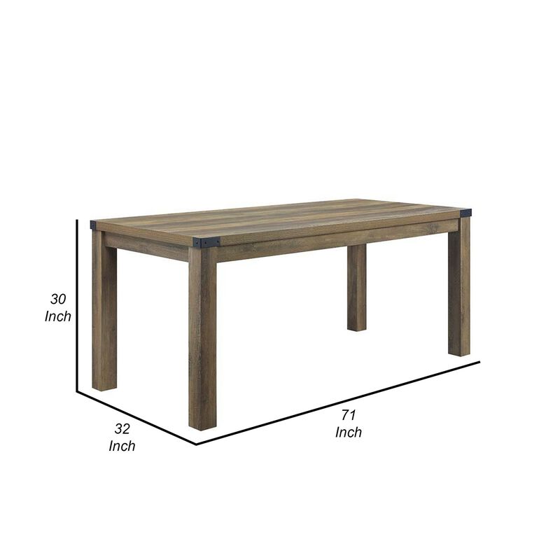 Eli 71 Inch Dining Table, Distressed Rustic Gray, Industrial Metal Rivets