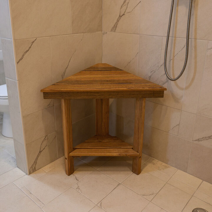 HomeRoots 18" X 17" Brown Teak Corner Shower Bench With Shelf