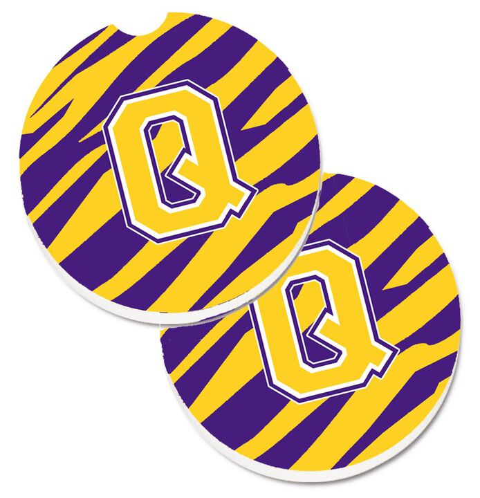Caroline's Treasures Letter Q Monogram - Tiger Stripe - Purple Gold Set of 2 Cup Holder Car Coasters CJ1022-QCARC, 2.56, Multicolor