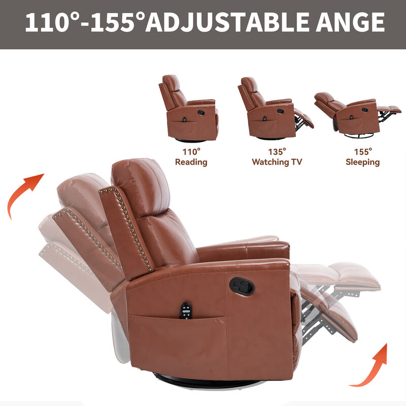 Gnuine Leather Heat Massage Manual Recliner Chair with Rocker and Swivel image number 8