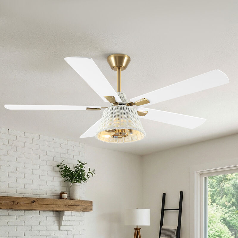 52" Modern Antique Brass Reversible Handwoven PE Rattan Ceiling Fan with Light and Remote image number 1