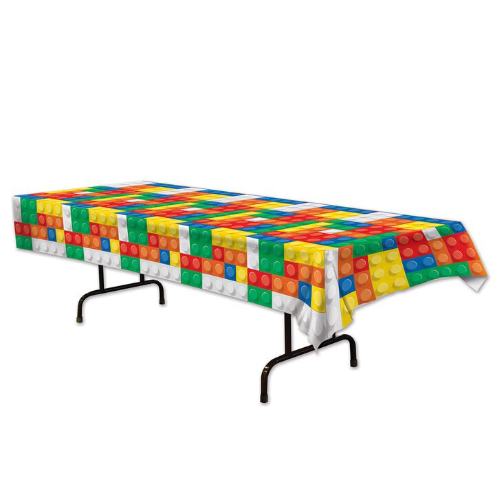 Club Pack of 12 Yellow and Green Building Blocks Rectangular Table Cover 108"