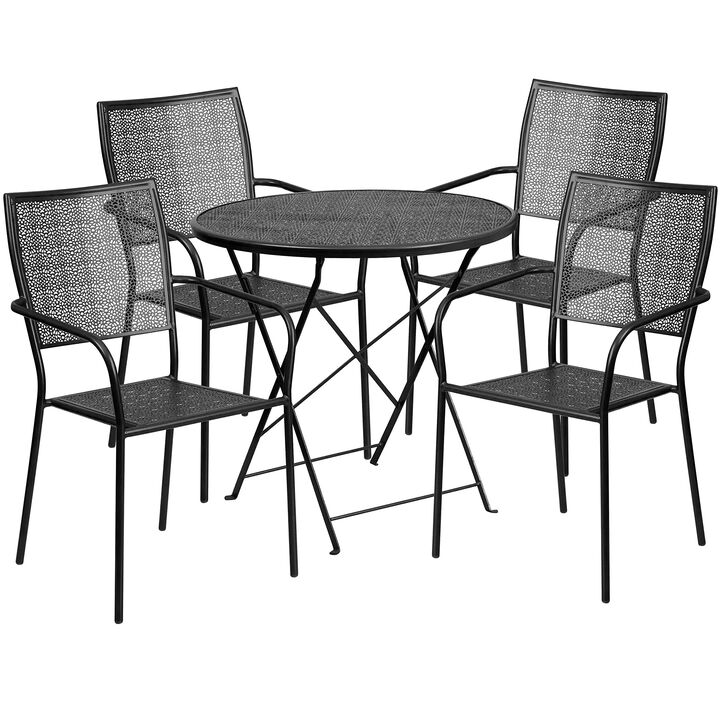 Flash Furniture Oia Commercial Grade 30" Round Black Indoor-Outdoor Steel Folding Patio Table Set with 4 Square Back Chairs