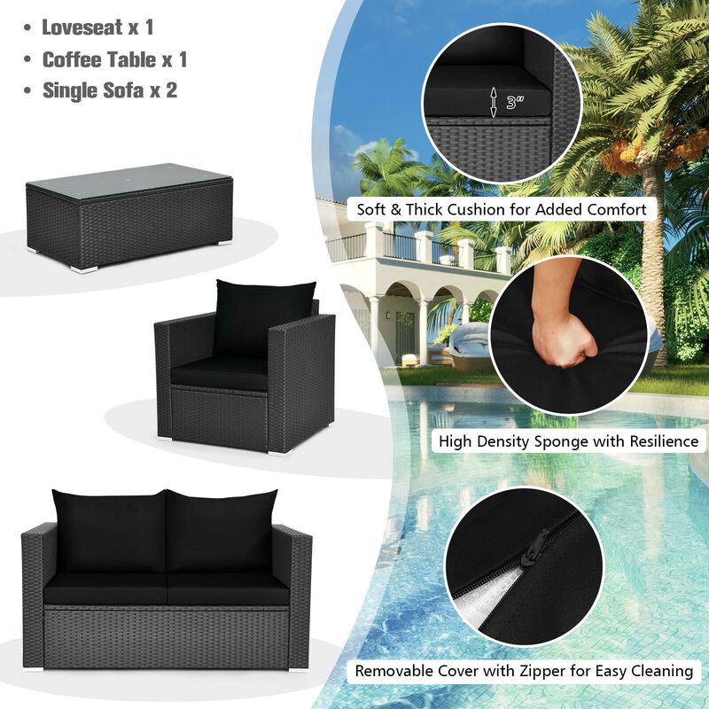 4 Pieces Patio Rattan Conversation Set with Padded Cushion and Tempered Glass Coffee Table