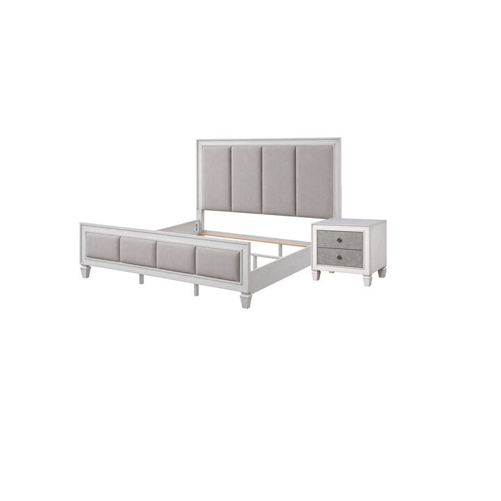 2pc King Bedroom Set, Upholstered Design, Gray and White, Nightstand