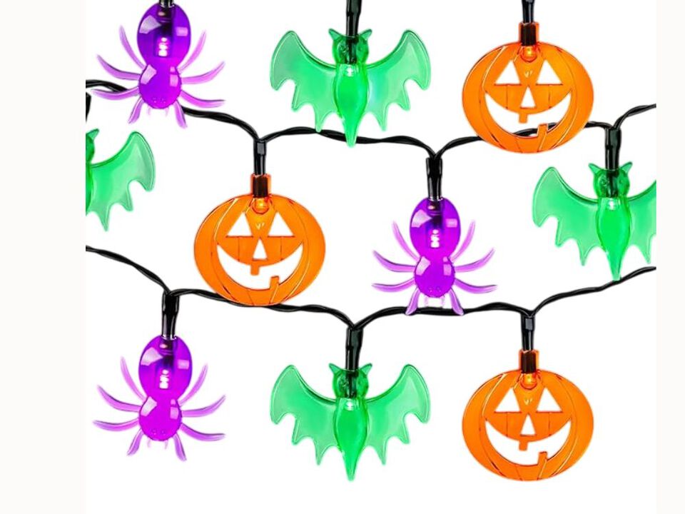 13FT Halloween String Lights – 2-Pack 20 LED Pumpkin, Bat & Spider Icons with Timer, Battery Operated in Orange, Purple & Green