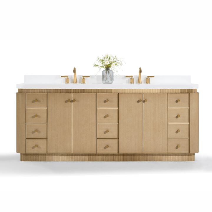 Aston 84 inch Bath Vanity Set in American Oak Finish with Alpine White Quartz Top
