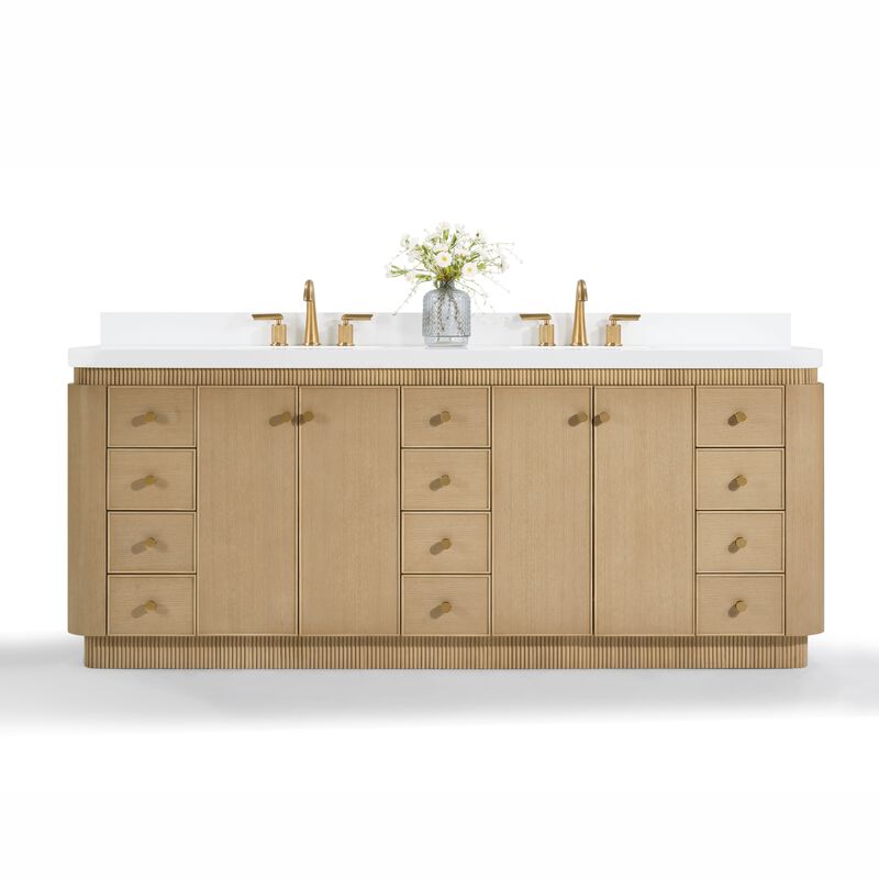 Aston 84 inch Bath Vanity Set in American Oak Finish with Alpine White Quartz Top image number 0