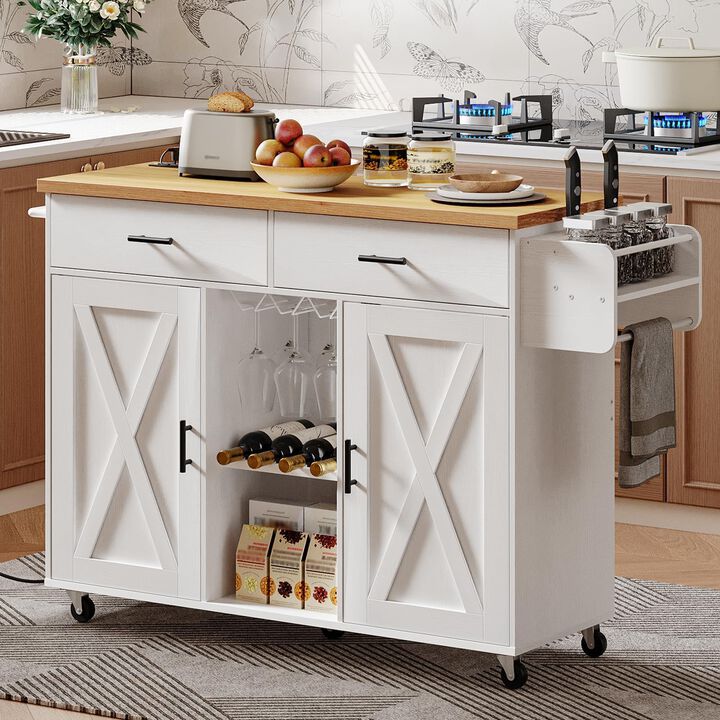 Portable Rolling Kitchen Island with Built-In Power Outlet and Wine Rack
