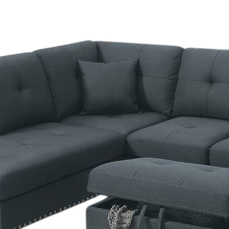 Rema 3pc Sectional Sofa, Chaise, Ottoman, 2 Pillows, Dark Gray Linen