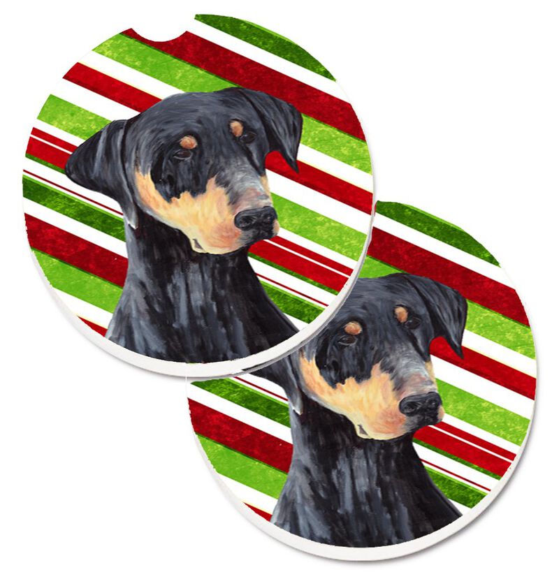 Caroline's Treasures Doberman Candy Cane Holiday Christmas Set of 2 Cup Holder Car Coasters SC9337CARC, 2.56, Multicolor image number 0