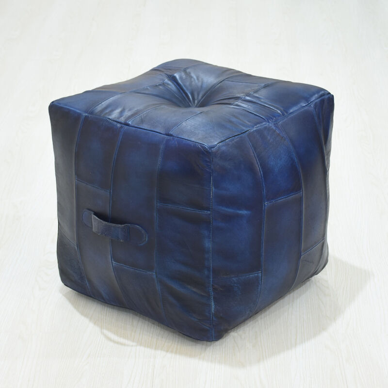 Geometric Handmade Leather Square Pouf 18"x18"x18" (Recycled Foam with Fibre Fill) Vintage Blue Color MABBBACPF25 BBH Homes