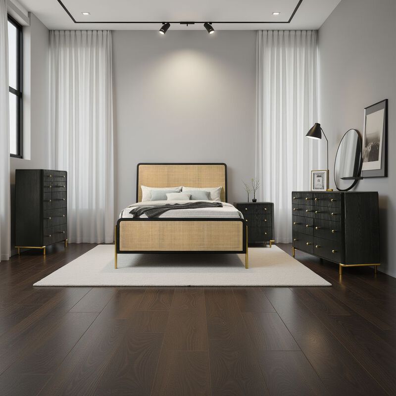 Fij 5pc Queen Bedroom Set w Round Mirror, Natural Brown Rattan, Black