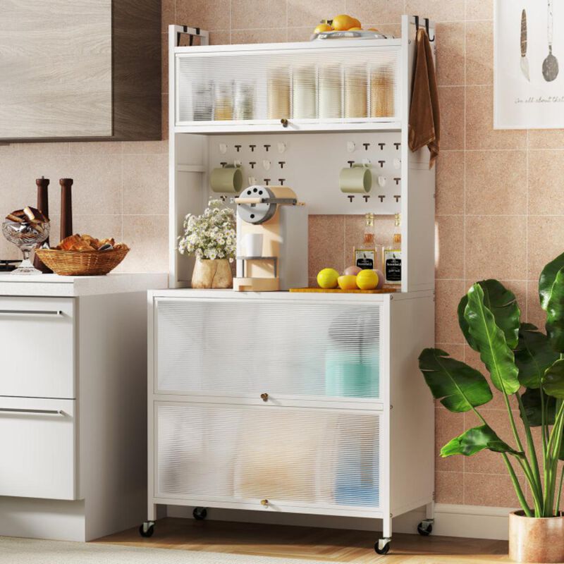 Hivvago 5 Tier Kitchen Bakers Rack with Lights Multifunctional Microwave Stand with Flip Door Cabinets