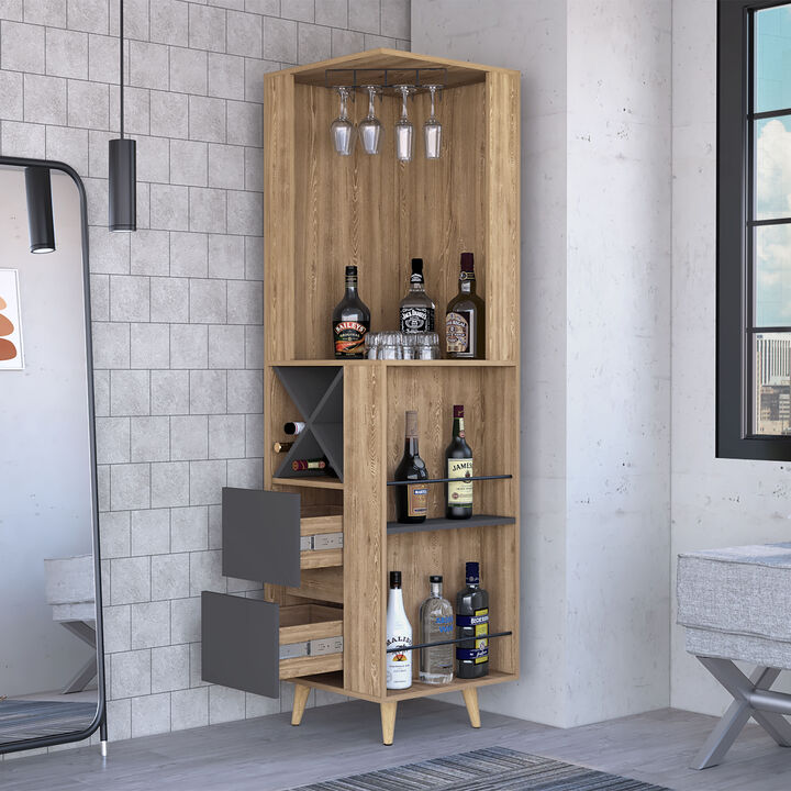 DEPOT E-SHOP Lisbon Corner Bar Cabinet, Two External Shelves, Two Drawers, Four Wine Compartments, Pine / Matt Gray