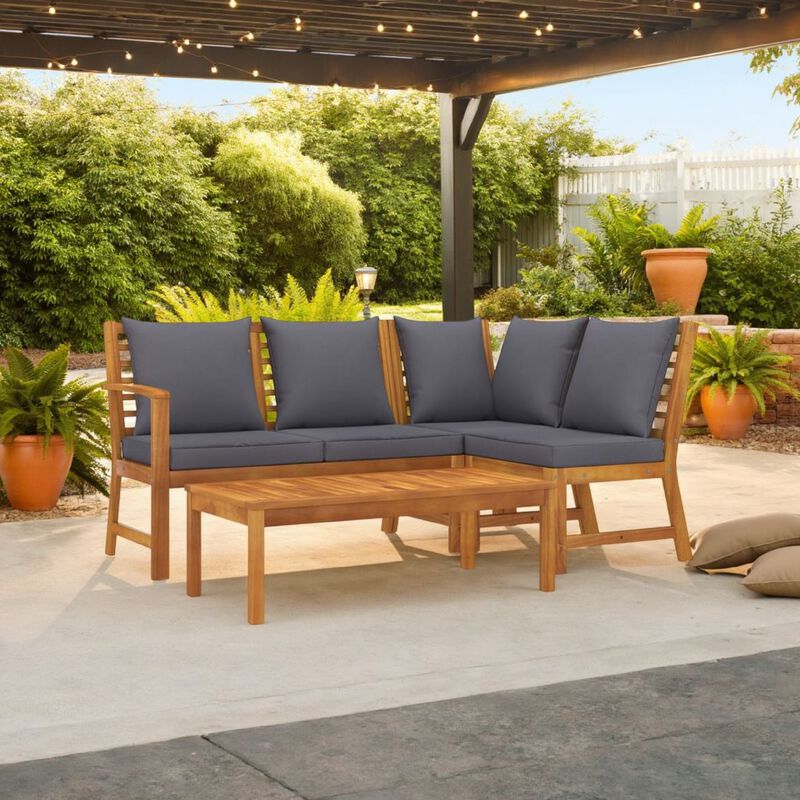 Roma 4pc Patio Sofa Set with Coffee Table, Gray Cushions, Acacia Wood - Benzara