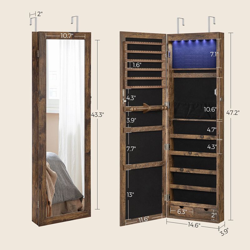 Wall/Door Mounted Jewelry Armoire 6-LED Mirror Cabinet with Lock, 2 Drawers, and Organizer