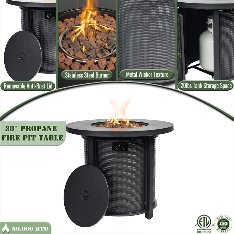 30" Propane Gas Fire Pit Table, 50000 BTU Round Steel Fire Pit for Outside Patio Deck Garden Courtyard