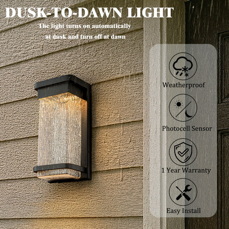 1-Light H12 in Modern Seeded Glass, 12W Integrated LED Outdoor Wall Sconce with Dusk to Dawn Sensor in Matte Black image number 4