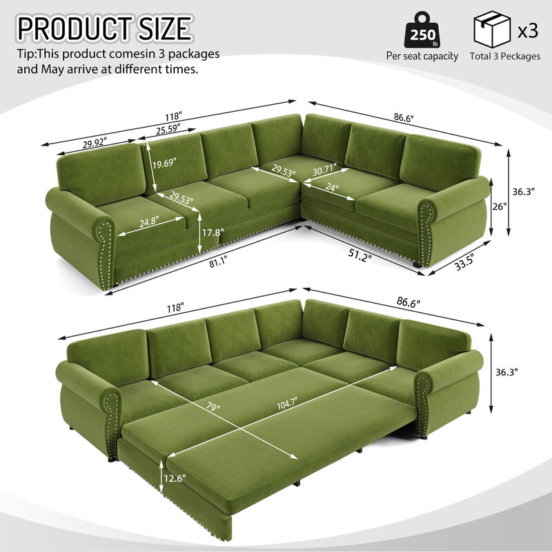 Zidkop 118" L-Shaped Sectional Sleeper Sofa image number 4