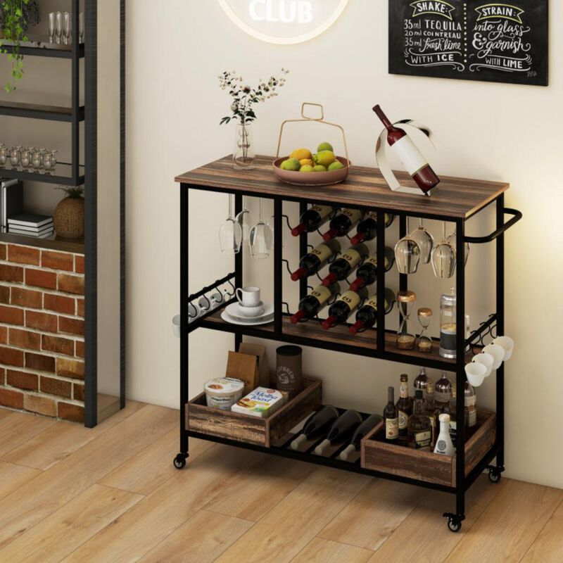 Hivvago 3 Tiers Bar Cart on Wheels with Glass Racks