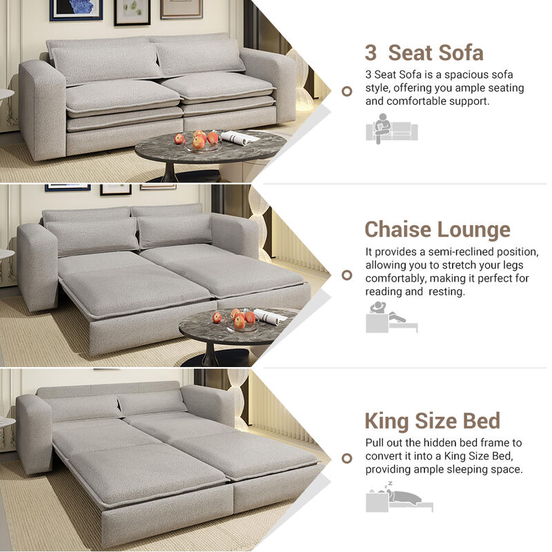 Whisen 93" King Size Sleeper Sofa, 3-Seat Teddy Fabric Convertible Couch with 2 Lumbar Pillows image number 4