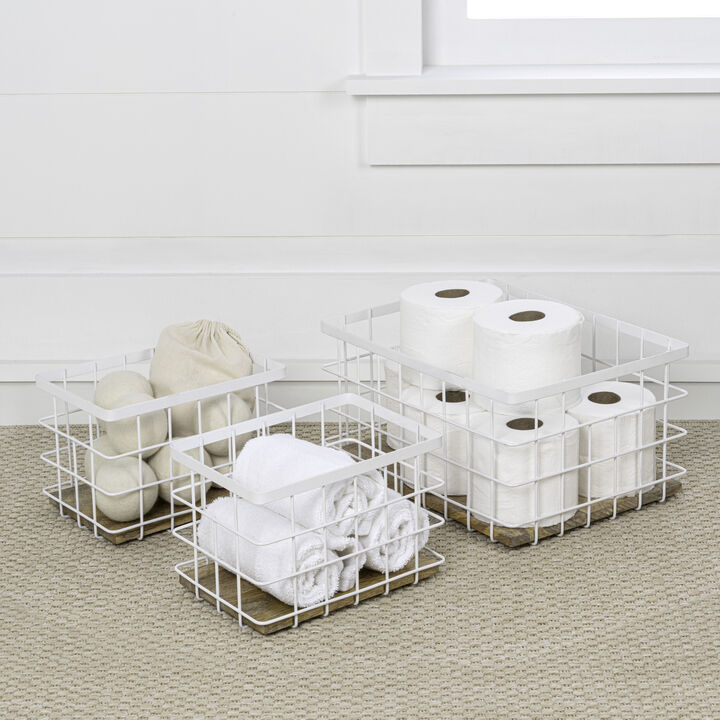 Evvie Vintage Farmhouse Handmade Wire Metal Nesting Storage Baskets with Wood Base