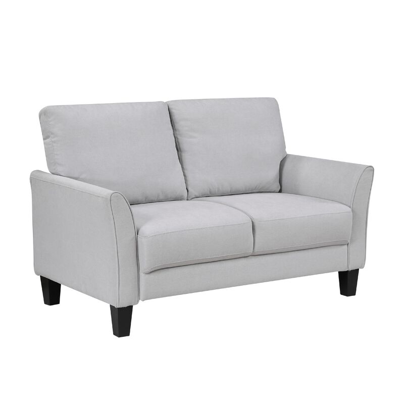 Xumo Loveseat, Light Gray Fabric, 56 Inch, Black Tapered Wood Legs - Benzara