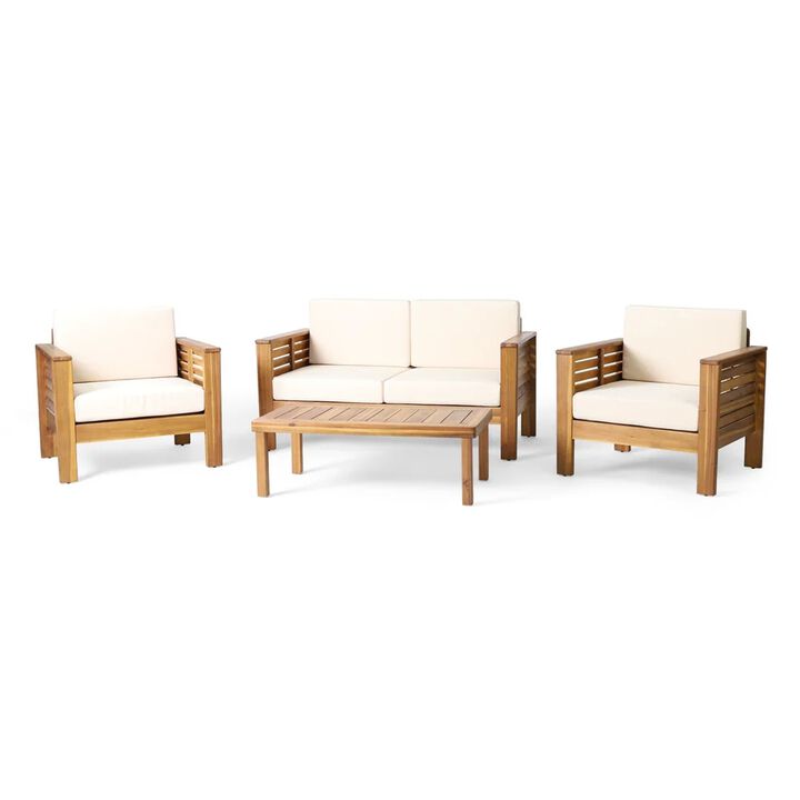 Merax Teak Acacia Wood Loveseat and Coffee Table Set with Cream Cushions