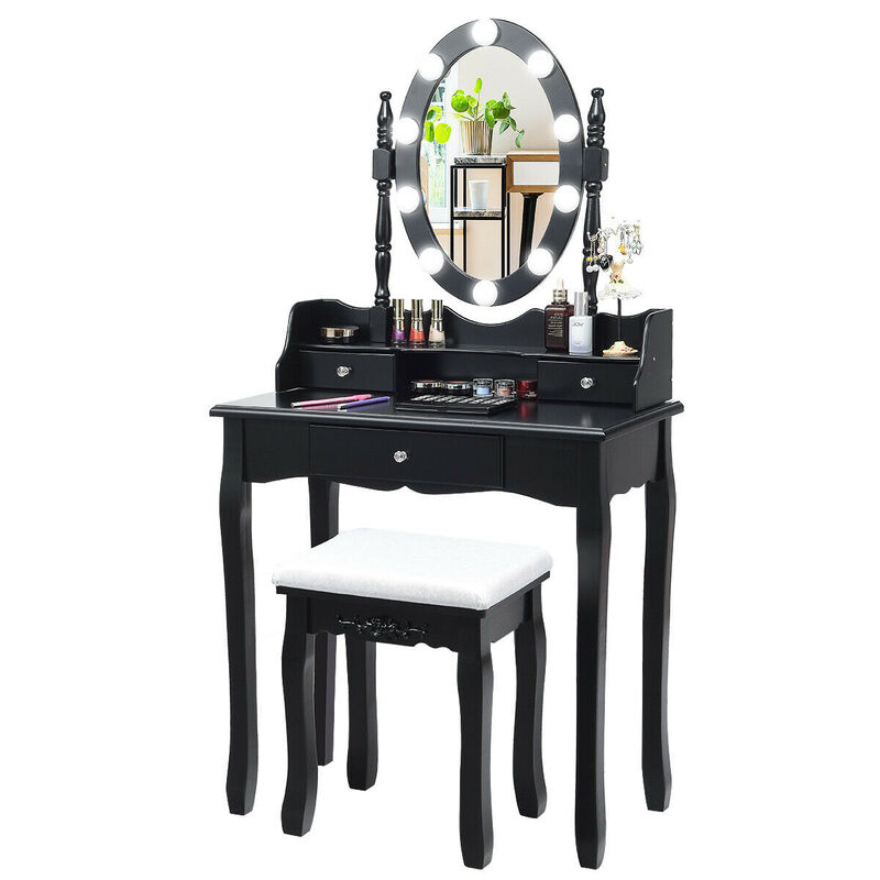 Vanity Set with Oval LED Mirror, 10 Dimmable Bulbs & 3 Drawers