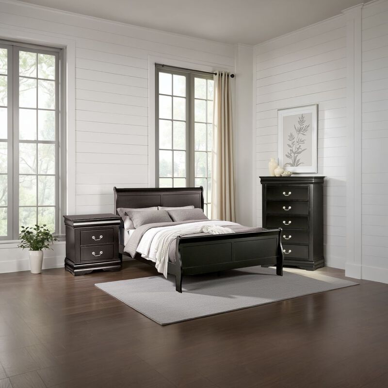 Ry Three Piece Full Size Bedroom Set, Sleek Modern Transitional Style, Black