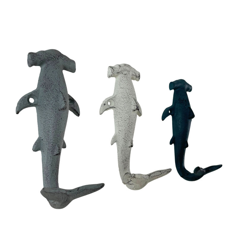 Charming Hammerhead Shark Wall Hooks Set &ndash; Decorative Cast Iron Hooks in Blue, Gray, and White, Nautical Decor for Beachy Spaces, 5 Inches High image number 1
