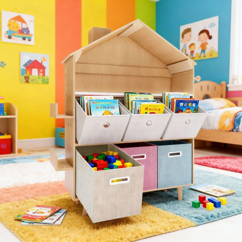 Kids Storage Organizer with 6 Removable Bins, House-Shaped Bookshelf, Vertical Toy & Book Storage Cabinet, MDF, Space-Saving Design for Playroom & Bedroom image number 1