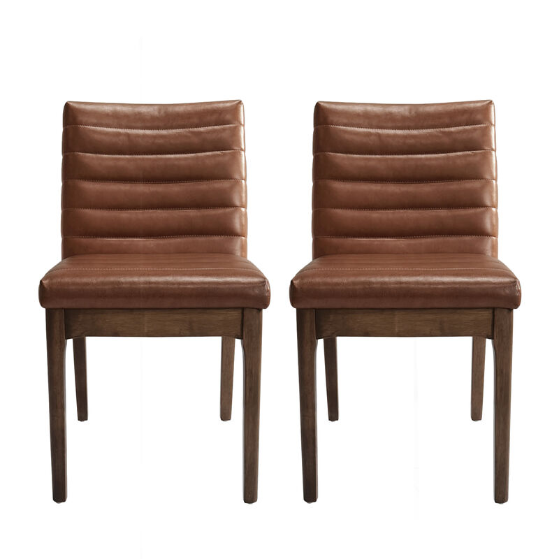Lissa Dining Chair, Channel Stitching, Brown Polyester Cushions, Wood Legs - Benzara