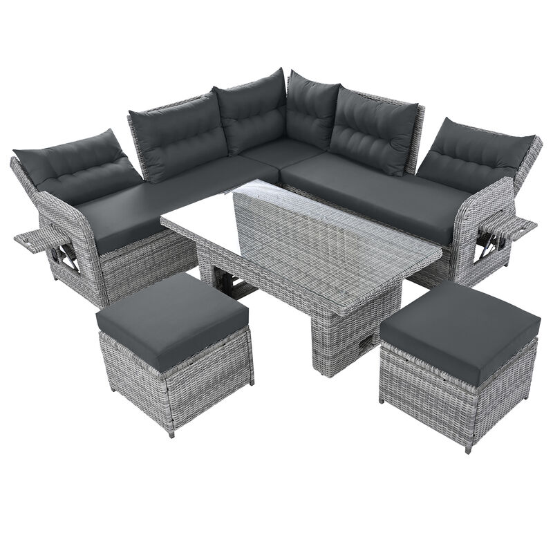 Whisen Outdoor Furniture Set Patio Rattan Furniture Set with an Adjustable Table, Recliners with Extendable Side Tables image number 2