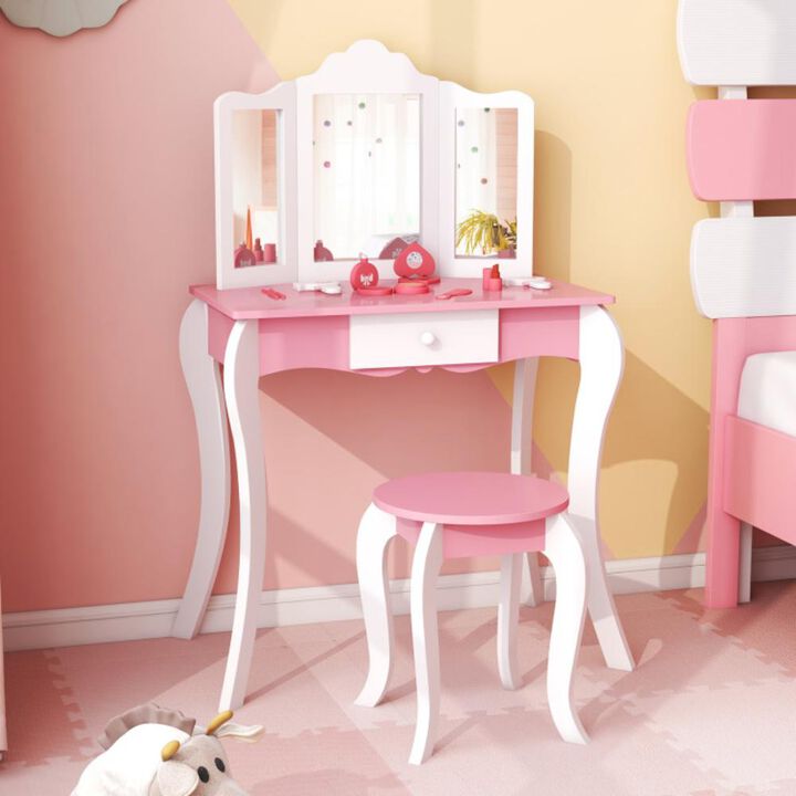 Hivvago Kid's Wooden Vanity Table and Stool Set  with 3-Panel Acrylic Mirror