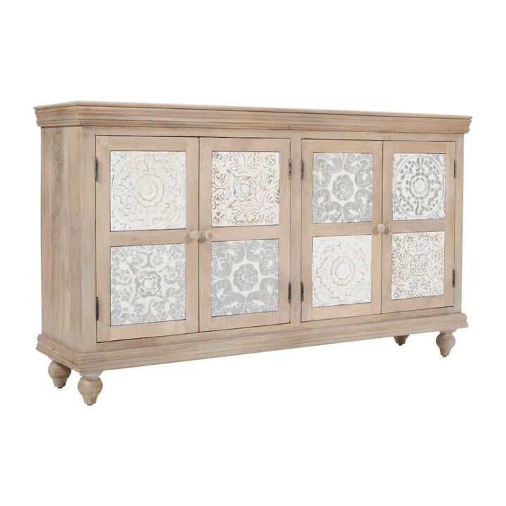 Jofran Adele 71 Hand Carved Solid Wood Rustic Four-Door Sideboard Cabinet