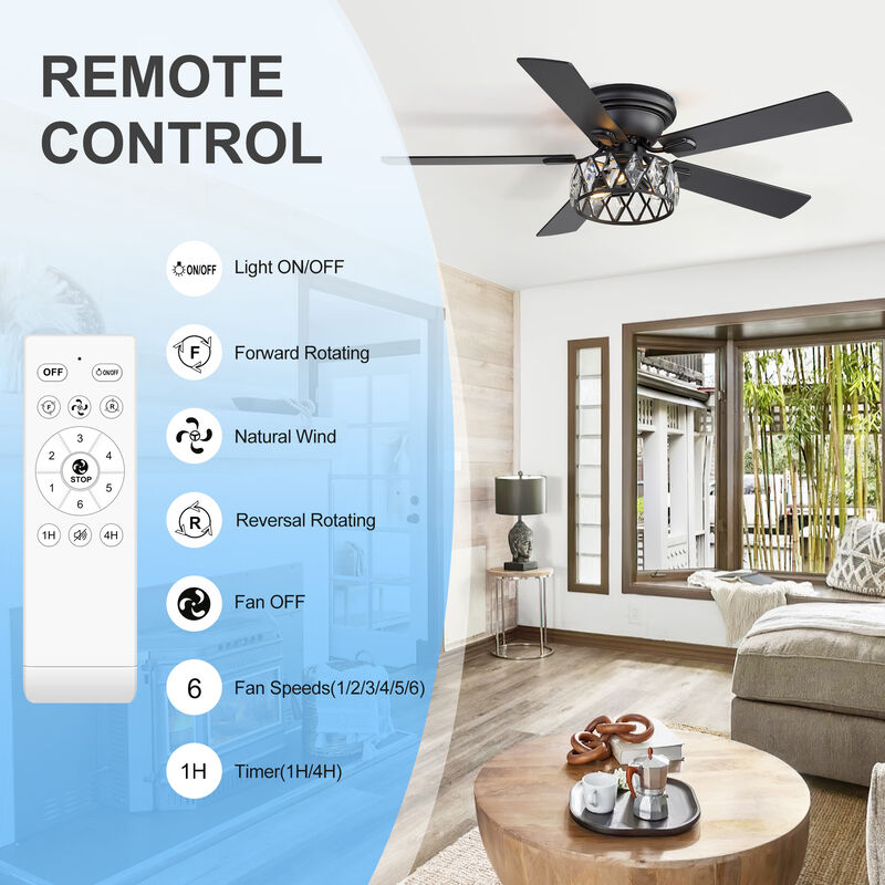 Breezary 52" Flush Mount Ceiling Fan with Light, 5 Plywood Blades, E12 3 Light, 6 Speeds, Remote image number 2