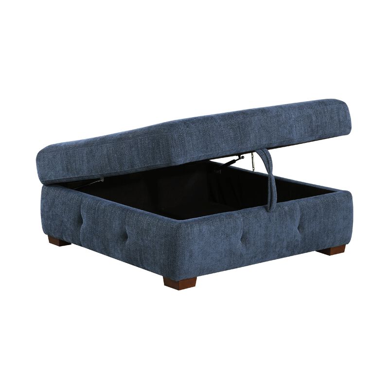 Rez Storage Ottoman, 40 Inch, Tufted Blue Chenille Cushion
