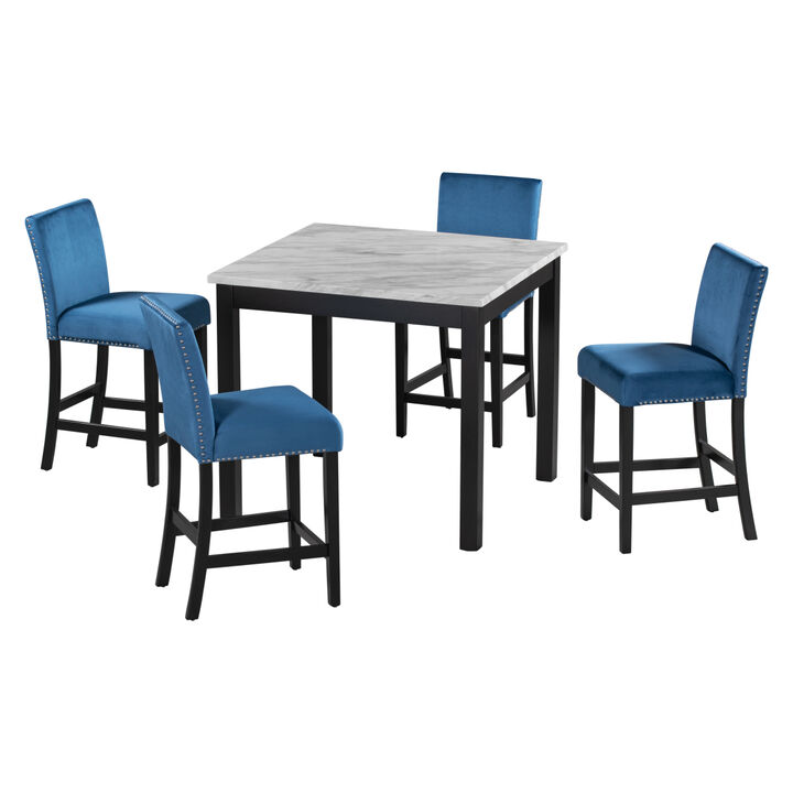 5-piece Counter Height Dining Table Set with One Faux Marble Dining Table and Four Upholstered-Seat Chairs, Tabletop: 40in.L x40in.W, for Kitchen and Living room Furniture, Blue